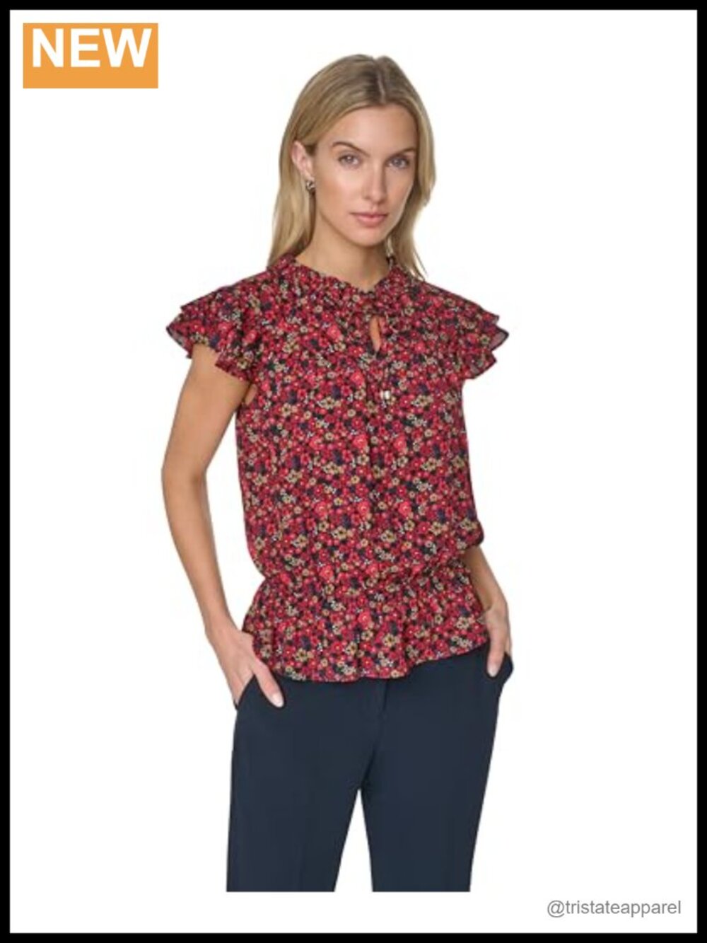 Tommy Hilfiger Women's Short Sleeve Flutter Sleeve Peplum Woven Blouse